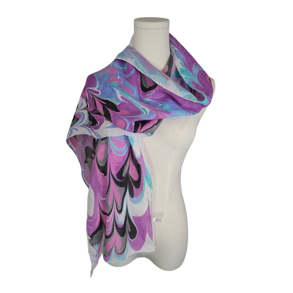 13.5x70 Hand painted abstract pink blue and black silk scarf extra long